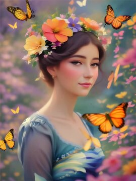 Beautiful young Mother Nature woman with flowers in her hair and butterflies flying defocused floral garden beautiful fairytale nature background painting style environmental youth beauty spa concepts