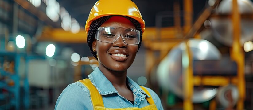 A Black African woman engineer worker is seen wearing safety glasses and a hard hat while working in an industrial factory. She is focused and diligent in her tasks, emphasizing safety protocols.
