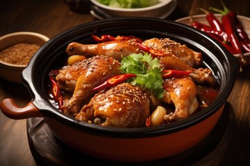Chicken in sweet and sour sauce with peppers and sesame