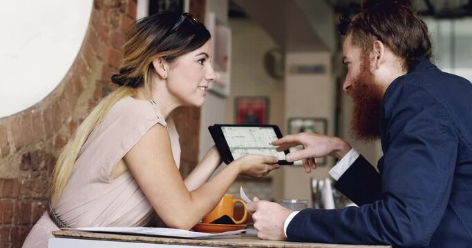 Business people, tablet and blueprint at cafe planning ideas, design proposal or b2b renovation in hospitality. Designer, architecture woman or clients for floor plan on digital screen at coffee shop