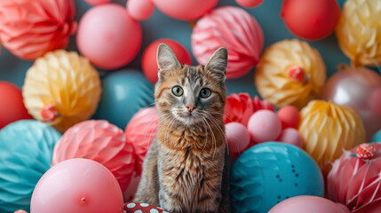 Fototapeta na wymiar Birthday of Cat Full of Balloon Room: A Cute and Funny Image of a Cat Celebrating its Birthday
