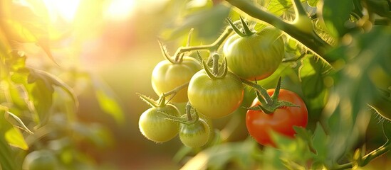 Ripe tomatoes are shown growing on a vine in a well-tended garden, soaking up the warm summer sun to produce a good harvest of seasonal green vegetables.