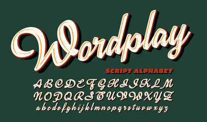 Wordplay is a script alphabet with 3d and shadow effects. Retro 1950s placard style calligraphic font.