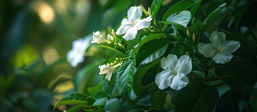 This captivating image showcases a bush adorned with beautiful white flowers and lush green leaves.