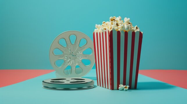 Cinema concept of vintage film reel with popcorn on blue background