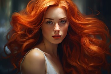 Auburn Red haired woman in wheat field. Summer nature beautiful sunny field. Generate Ai