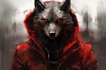 Brave Red hood big wolf. Forest meeting wild wolf animal. Generate ai - obrazy, fototapety, plakaty