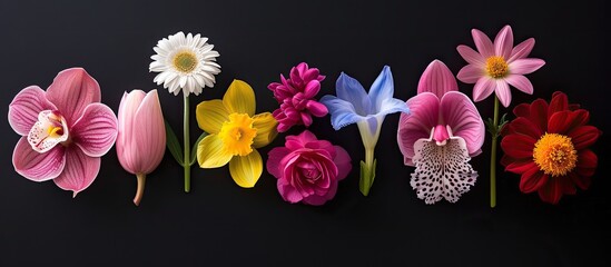 A captivating image featuring a diverse row of flowers on a black background, showcasing the vibrant colors and distinct characteristics of angiosperm reproductive parts.