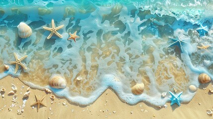 Sea coast with sand, ocean wave, shells and star fish on tropical island. beach with sandy seaside, blue transparent water surface. Paradise island, exotic tropical