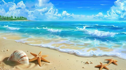 Fototapeta na wymiar Sea coast with sand, ocean wave, shells and star fish on tropical island. beach with sandy seaside, blue transparent water surface. Paradise island, exotic tropical