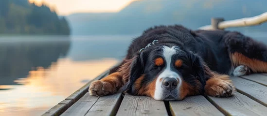 Deurstickers A large and fluffy Bernese Mountain Dog is seen laying down on a wooden pier by the lake. © AkuAku