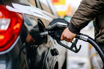 Obraz premium Refueling the car at a gas station fuel pump