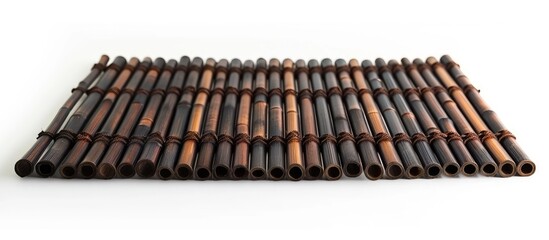 A detailed shot of a dark colored bamboo mat for food, seen up close and standing out against a white background.