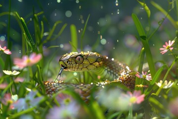 A green snake in a dewy meadow, tongue flicking among yellow flowers under sunlight. The Year of the Snake in 2025 according to the Eastern Lunar Calendar.
