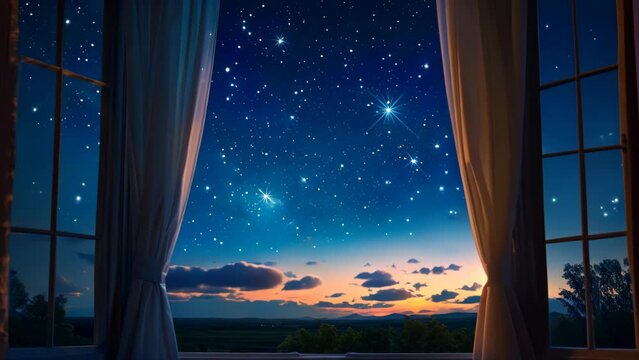 a bedroom window scene with beautiful night sky view from a window and a city landscape clouds and starry nights. 4K video