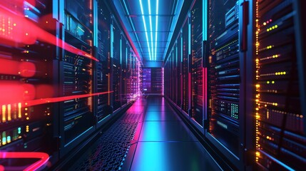 Abstract data center network system. Server racks in server room data center .computer network security concept.