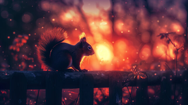 A serene squirrel sits atop a wooden fence, bathed in the warm glow of a sunset, with a dreamlike backdrop sprinkled with floating light particles.