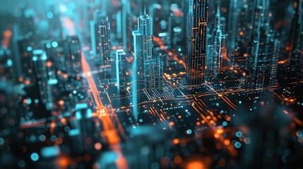 abstract hologram with smart city .Smart with communication technology. Futuristic digital data network connected.