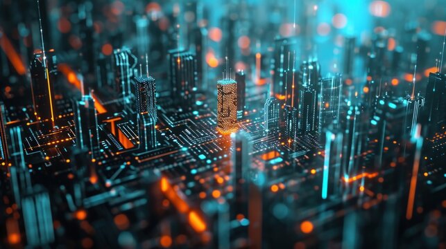 abstract hologram with smart city .Smart with communication technology. Futuristic digital data network connected.