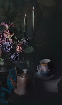 vintage still life with candle and roses 