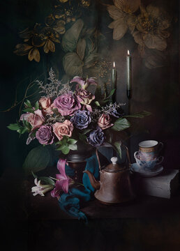 Still life with vintage roses and candle