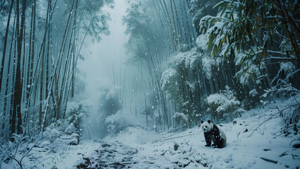 Winter Wonderland: Panda Amidst Snowy Bamboo