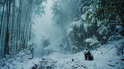 Rolgordijnen Winter Wonderland: Panda Amidst Snowy Bamboo © 대연 김