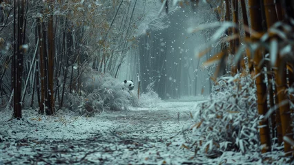 Gordijnen Winter Wonderland: Panda Amidst Snowy Bamboo © 대연 김