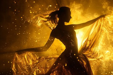 Elegant dancer radiating grace amidst a golden blaze, her silhouette casting a spellbinding shadow against the fiery backdrop.

