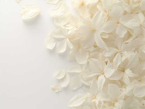 Delicate white flower petals on a pristine white backdrop create a captivating image.