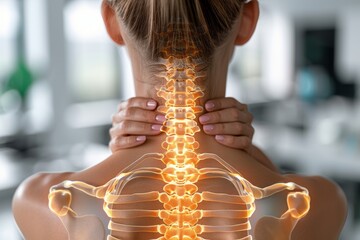 Woman holds her neck, superimposed with a glowing digital representation of her spine and shoulder blades in advanced medical imaging and physiotherapy technology - obrazy, fototapety, plakaty