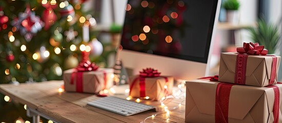 A desk adorned with colorful presents sits next to a computer screen displaying a Cyber Monday message. The scene suggests online shopping and holiday gift preparations.