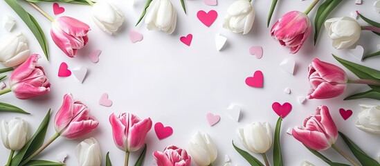 A Valentines Day concept featuring pink and white tulips, hearts, and copy space arranged on a white background frame.