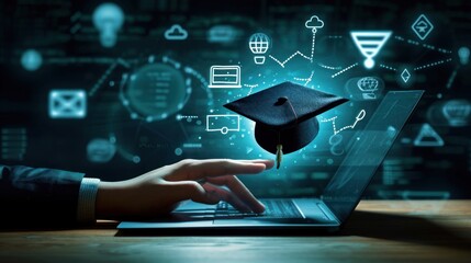 education icon on virtual screen on laptop. learning, technology education concept .online lesson learning