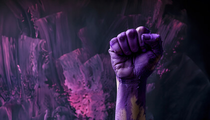 Purple painted raised fist of a woman in protest on March 8 on a dark background