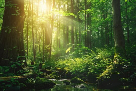 Sunlight piercing through a vibrant green forest with a moss-covered stream