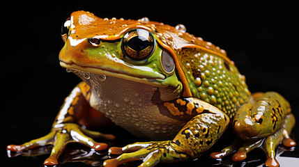 A detailed close-up of a frog, its skin dotted with sparkling water droplets