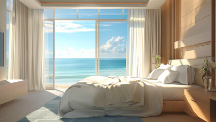Serenity by the Sea: A Modern Hotel Bedroom Interior