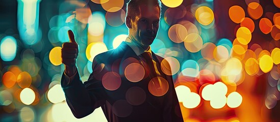 A businessman is standing in the middle of a bustling city at night. The city lights illuminate the skyscrapers around him. The man appears confident and is gesturing with a thumbs-up.