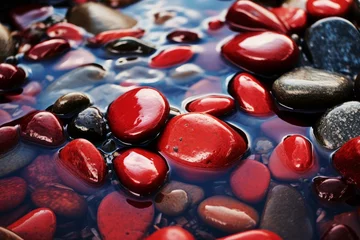  Vibrant Red water stones nature. Zen water. Generate Ai © juliars