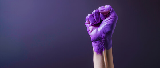 Raised purple painted fist of a woman in protest on March 8 on a purple background - obrazy, fototapety, plakaty
