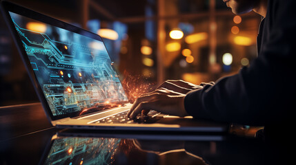 Digital technology, software development concept. Coding programmer, software engineer working on laptop with circuit board and javascript on virtual screen.