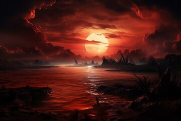 Breathtaking Red sunset view. Summer light. Generate Ai