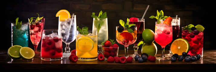 A Vibrant Display of Beautifully Crafted Quality Beverages Under Ambient Lighting