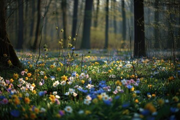 Golden hour illuminates a woodland carpeted with wildflowers heralding the arrival of spring