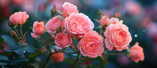 A bunch of beautiful pink roses blooming in the evening, adding beauty to the surroundings.