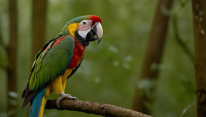 Obraz premium A brightly coloured Ara on a branch in the rainforest