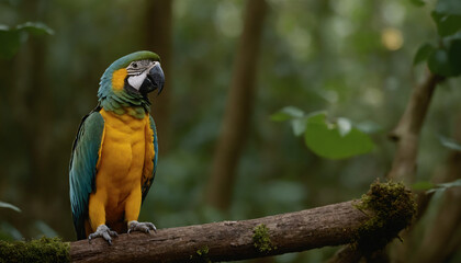 Obraz premium A brightly coloured Ara on a branch in the rainforest