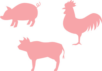 豚、鶏、牛のシルエットイラスト