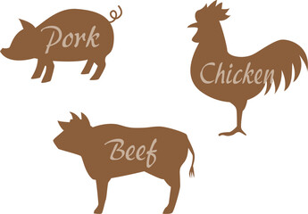 豚、鶏、牛のシルエットイラスト
